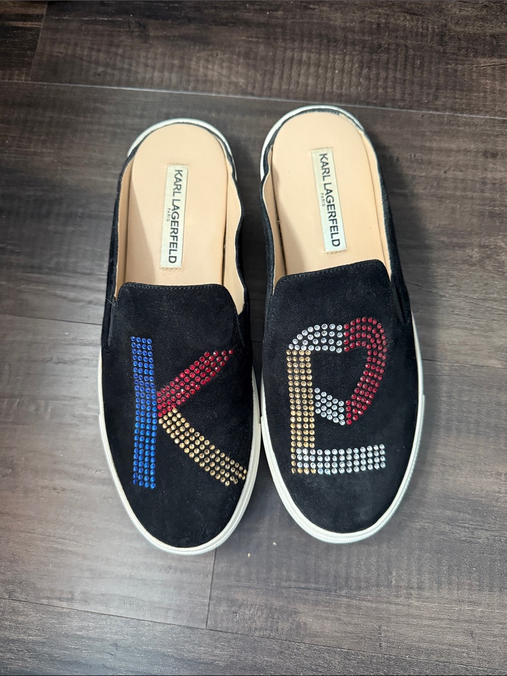 Karl Lagerfeld Black Suede Slide Mules with Multicolor Crystal 'KL' Logo